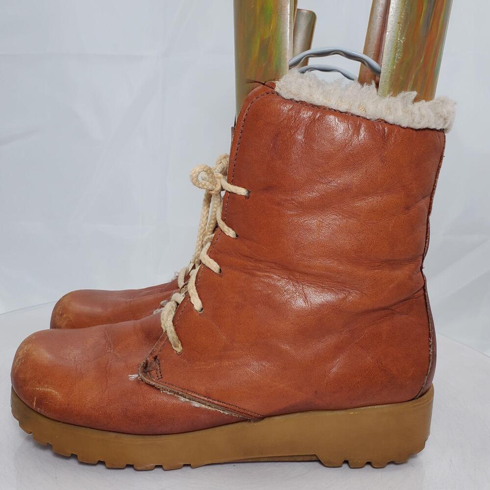 Rare Vintage 70s Dexter Shearling Mid Calf Boots Women 8 Brown Leather USA Wedge